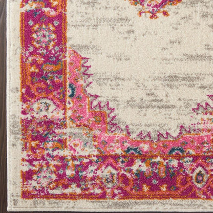 5' X 7' Ivory And Fuchsia Oriental Distressed Area Rug