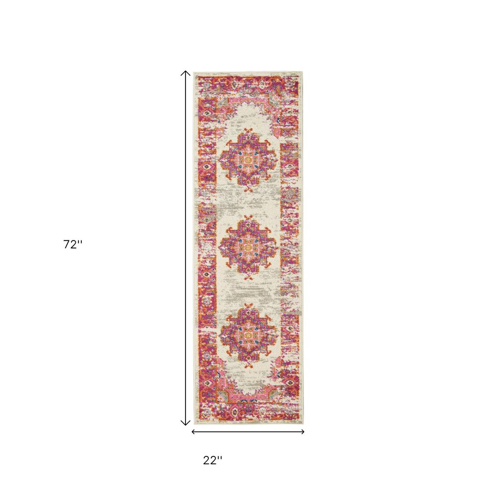 5' X 7' Ivory And Fuchsia Oriental Distressed Area Rug