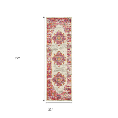 5' X 7' Ivory And Fuchsia Oriental Distressed Area Rug