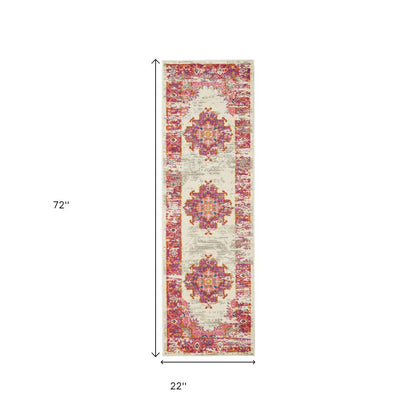 6' Ivory And Fuchsia Oriental Distressed Runner Rug