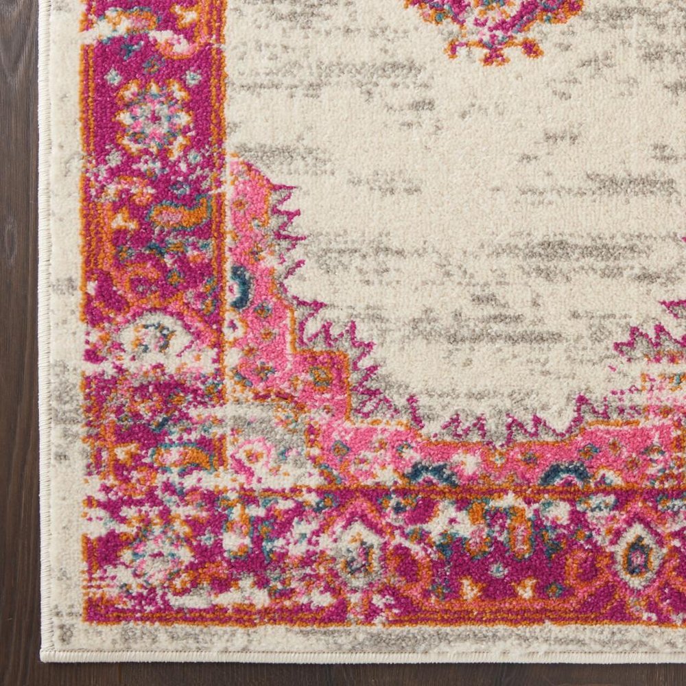 5' X 7' Ivory And Fuchsia Oriental Distressed Area Rug
