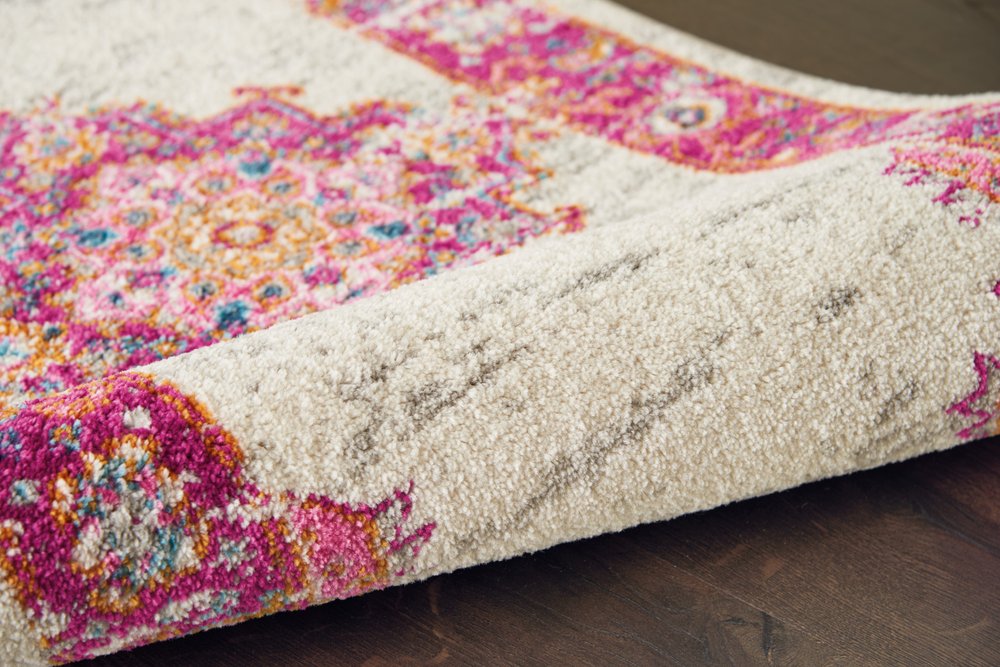 6' Ivory And Fuchsia Oriental Distressed Runner Rug