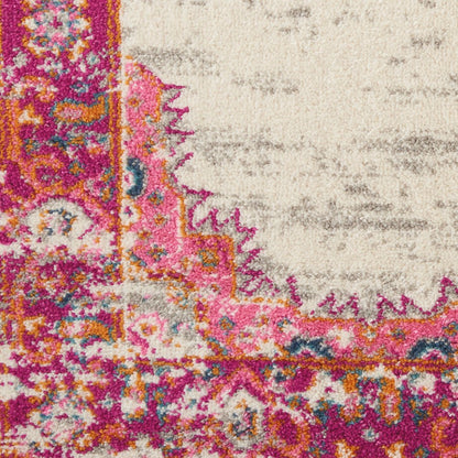6' Ivory And Fuchsia Oriental Distressed Runner Rug