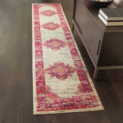 6' Ivory And Fuchsia Oriental Distressed Runner Rug