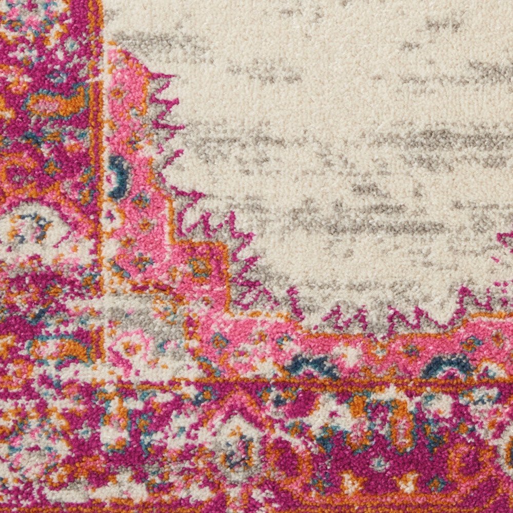 6' Ivory And Fuchsia Oriental Distressed Runner Rug