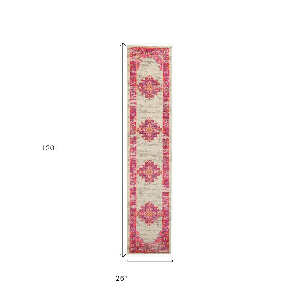 6' Ivory And Fuchsia Oriental Distressed Runner Rug