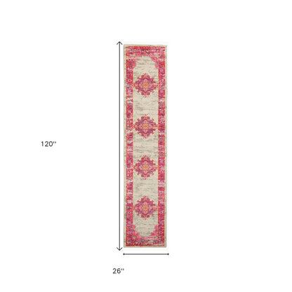 6' Ivory And Fuchsia Oriental Distressed Runner Rug