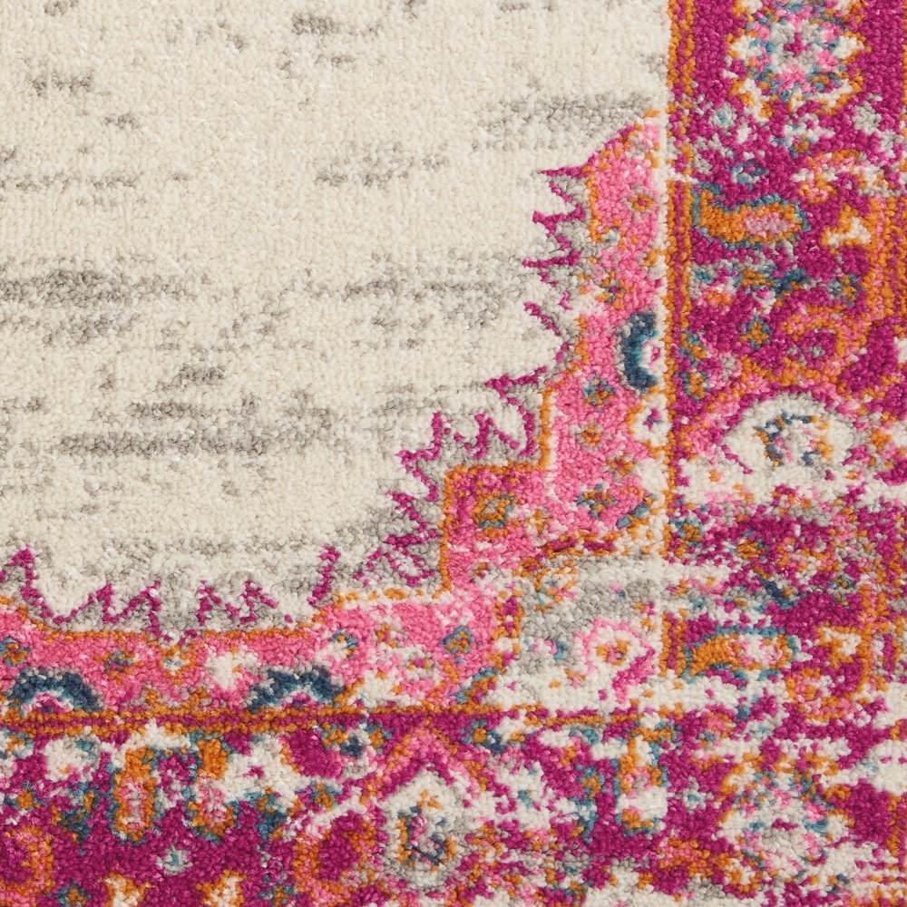 6' Ivory And Fuchsia Oriental Distressed Runner Rug