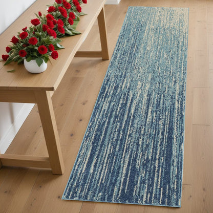 8' Blue And Ivory Abstract Runner Rug