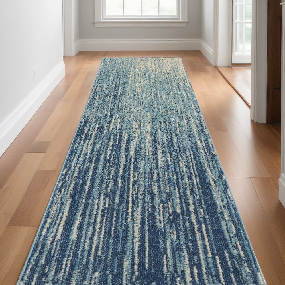 10' Blue And Ivory Abstract Runner Rug