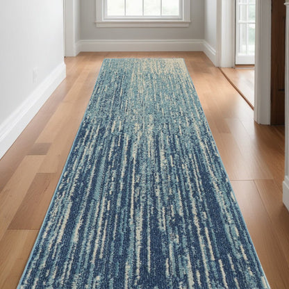 10' Blue And Ivory Abstract Runner Rug