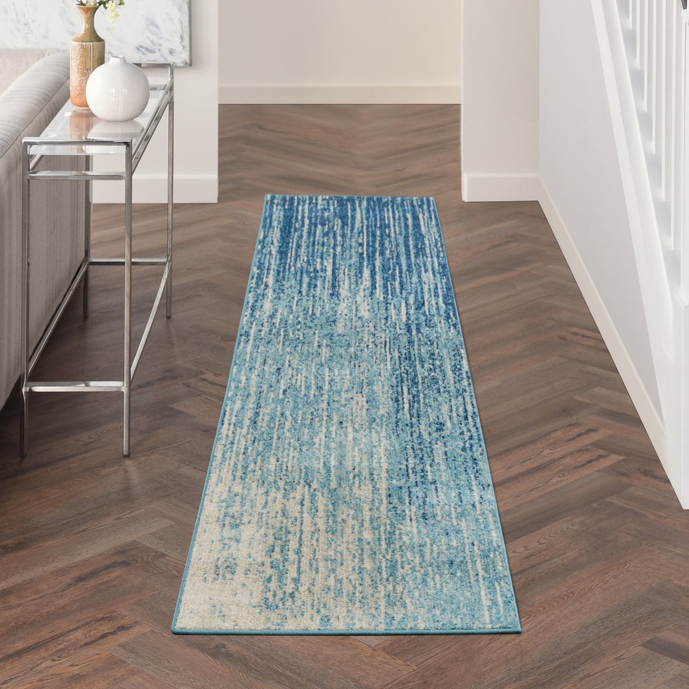 10' Blue And Ivory Abstract Runner Rug