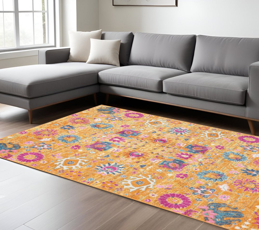 8' Blue And Orange Floral Distressed Runner Rug