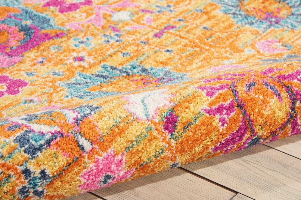 8' Blue And Orange Floral Distressed Runner Rug