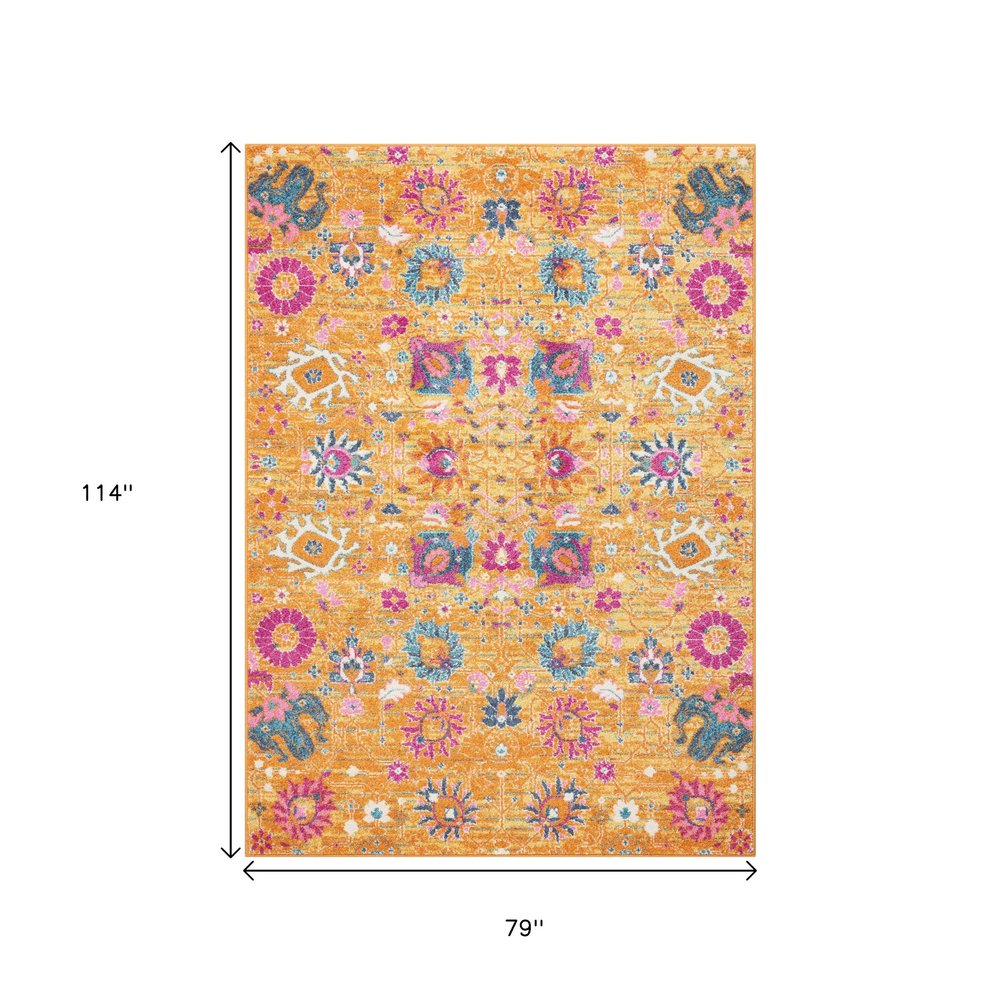 8' Blue And Orange Floral Distressed Runner Rug