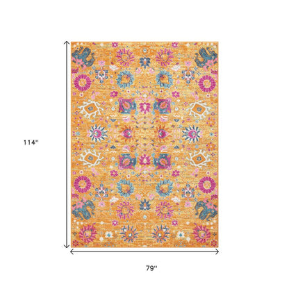 8' Blue And Orange Floral Distressed Runner Rug