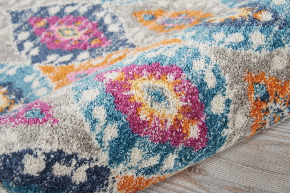 5' X 7' Gray Blue And Orange Ogee Distressed Area Rug