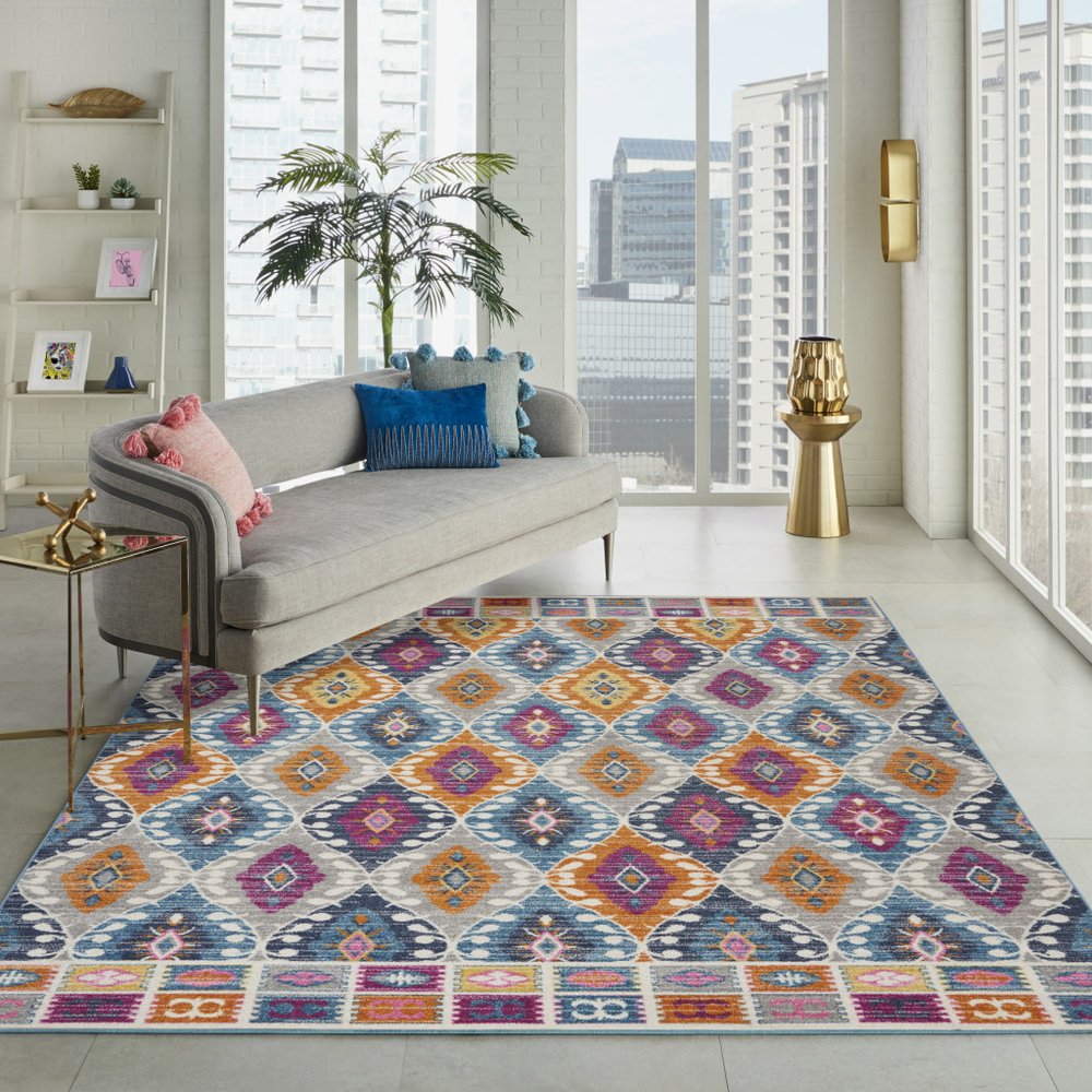 5' X 7' Gray Blue And Orange Ogee Distressed Area Rug