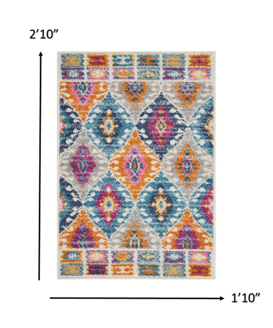 5' X 7' Gray Blue And Orange Ogee Distressed Area Rug