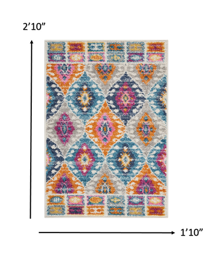2' X 3' Ivory And Blue Ogee Distressed Area Rug