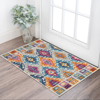 5' X 7' Gray Blue And Orange Ogee Distressed Area Rug
