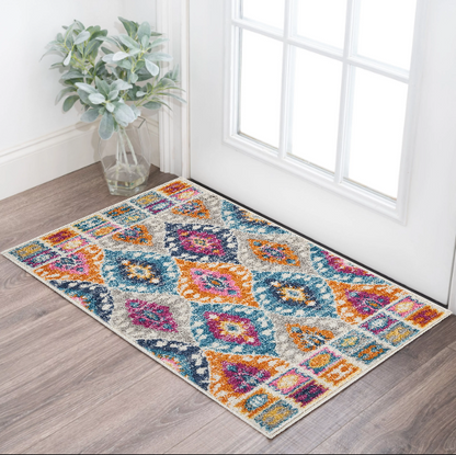 2' X 3' Ivory And Blue Ogee Distressed Area Rug