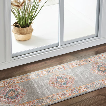 8' Gray And Gold Medallion Distressed Runner Rug