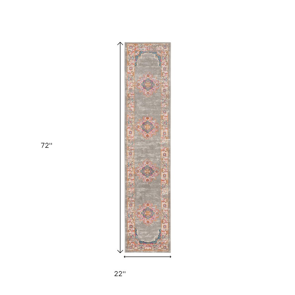 8' Gray And Gold Medallion Distressed Runner Rug