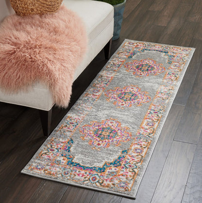 8' Gray And Gold Medallion Distressed Runner Rug