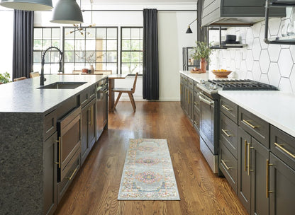 8' Gray And Gold Medallion Distressed Runner Rug