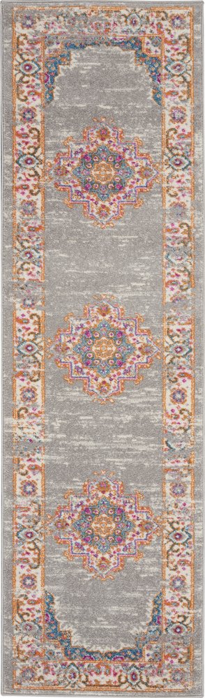 8' Gray And Gold Medallion Distressed Runner Rug