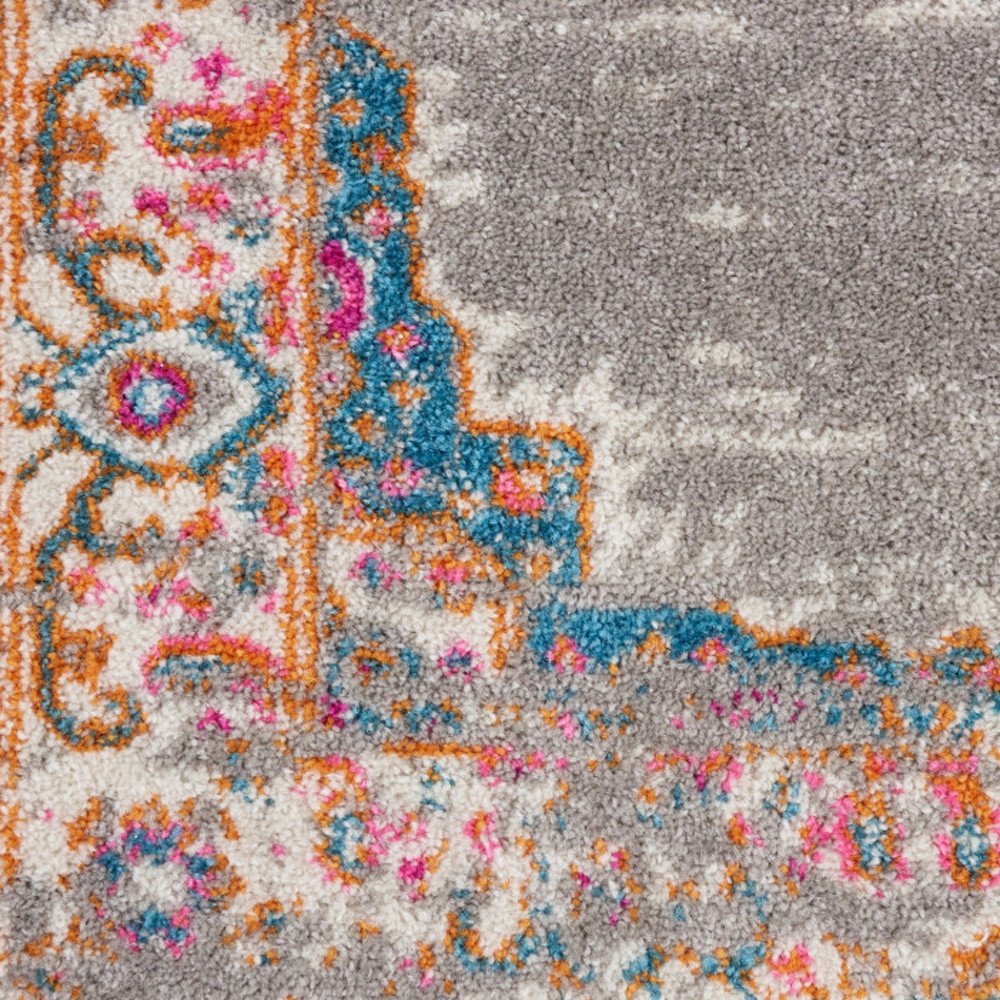 8' Gray And Gold Medallion Distressed Runner Rug