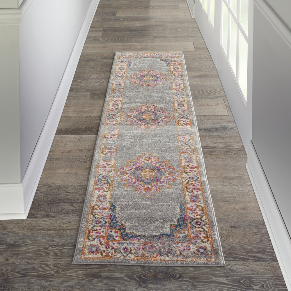 8' Gray And Gold Medallion Distressed Runner Rug