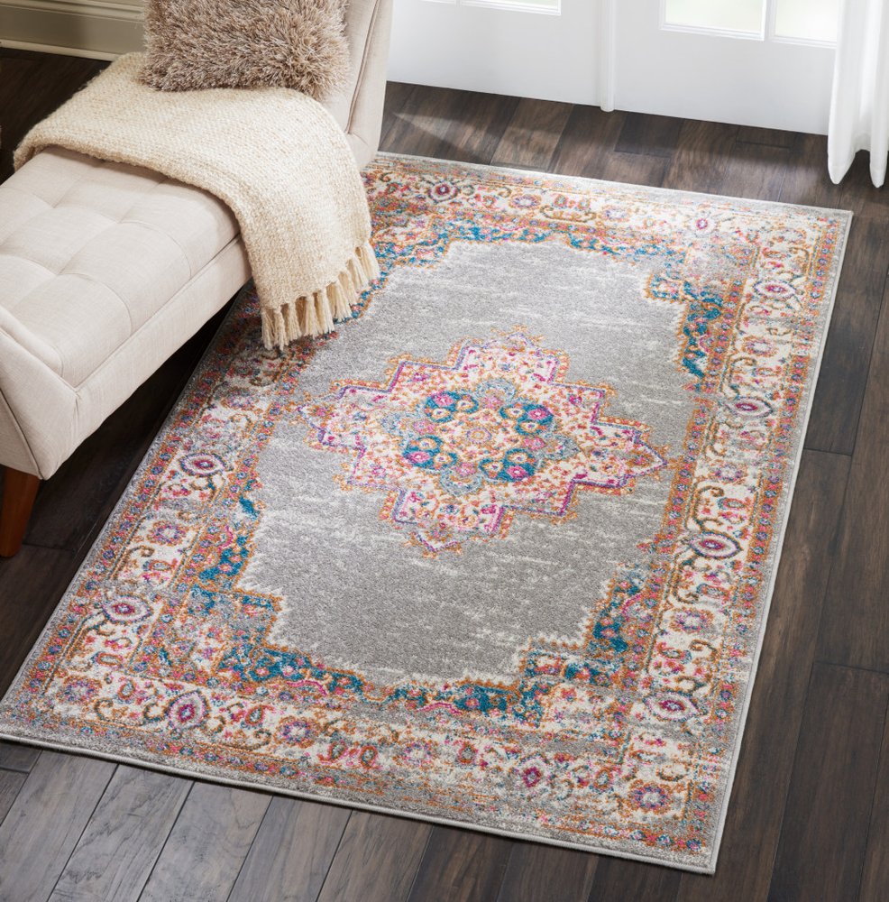 5' X 7' Gray And Gold Medallion Distressed Area Rug