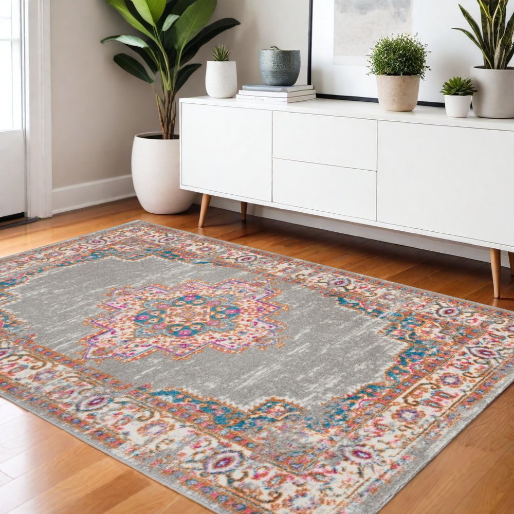 5' X 7' Gray And Gold Medallion Distressed Area Rug