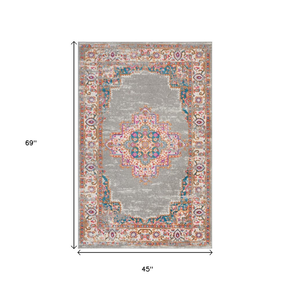 5' X 7' Gray And Gold Medallion Distressed Area Rug