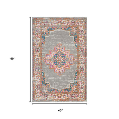5' X 7' Gray And Gold Medallion Distressed Area Rug