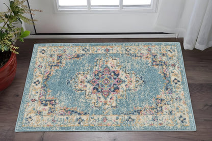 4' Blue And Ivory Southwestern Distressed Round Rug