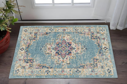 5' X 7' Blue And Ivory Southwestern Distressed Area Rug