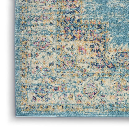 10' Blue And Ivory Southwestern Distressed Runner Rug