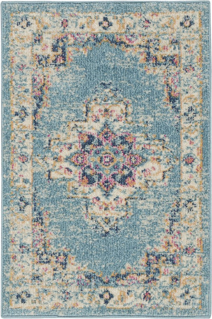 4' Blue And Ivory Southwestern Distressed Round Rug