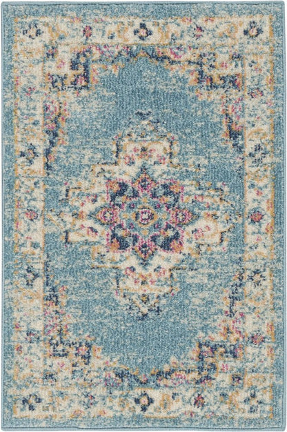 5' X 7' Blue And Ivory Southwestern Distressed Area Rug
