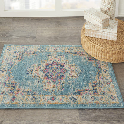 4' Light Blue Round Southwestern Power Loom Area Rug