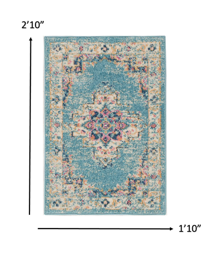 4' Light Blue Round Southwestern Power Loom Area Rug