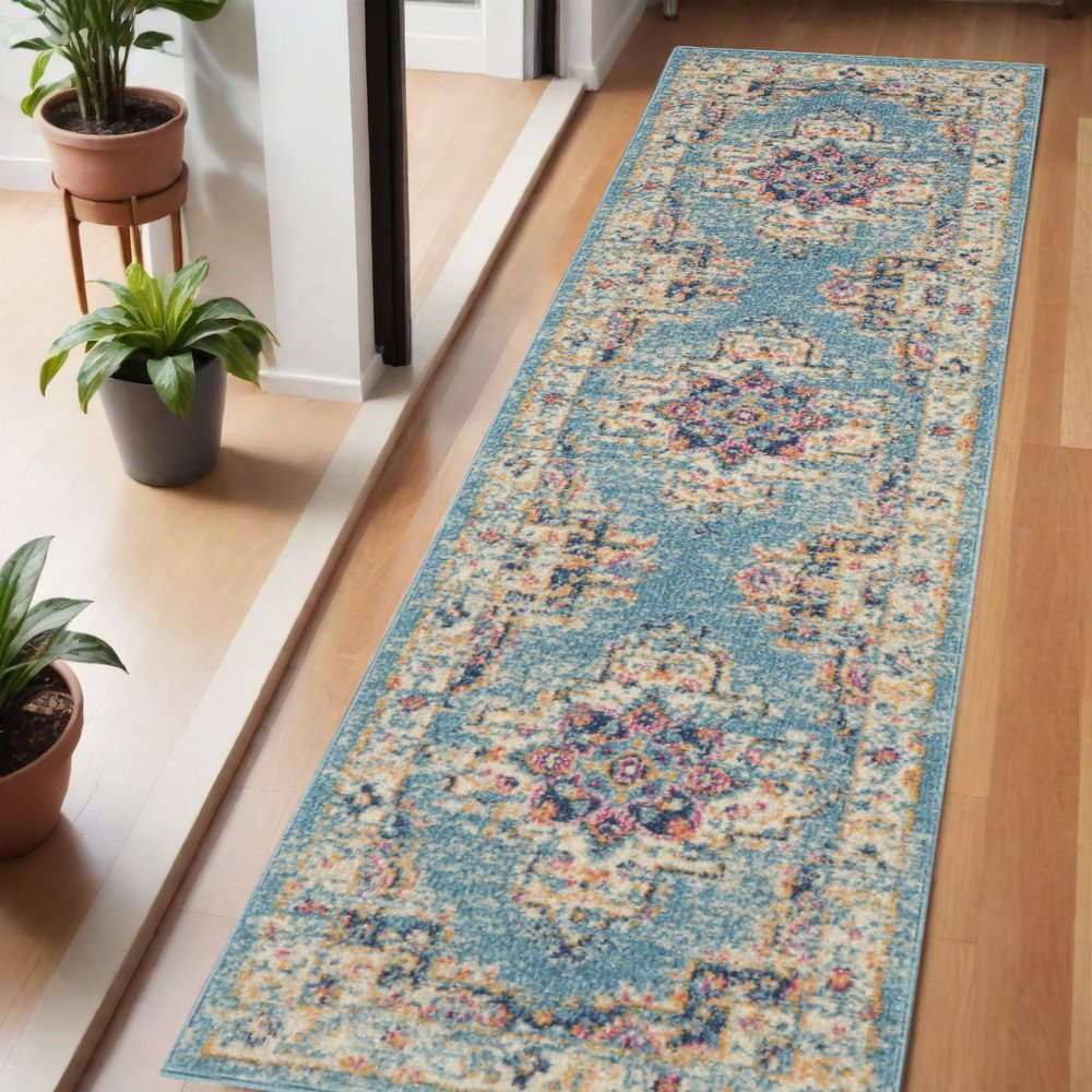 4' Blue And Ivory Southwestern Distressed Round Rug