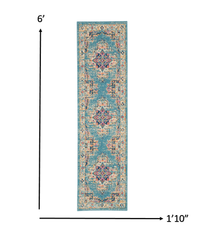 4' Light Blue Round Southwestern Power Loom Area Rug