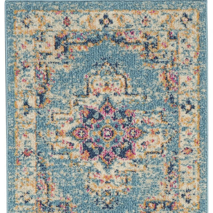 4' Blue And Ivory Southwestern Distressed Round Rug