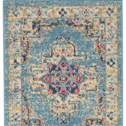 5' X 7' Blue And Ivory Southwestern Distressed Area Rug