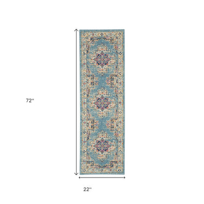 4' Blue And Ivory Southwestern Distressed Round Rug