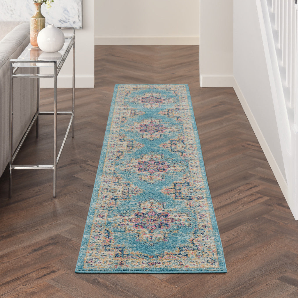 4' Light Blue Round Southwestern Power Loom Area Rug